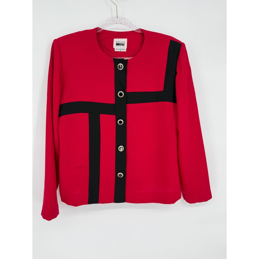 Vintag Leslie Fay Petite Womens Red Black Button Blazer Jacket Retro Chic Sz 12P